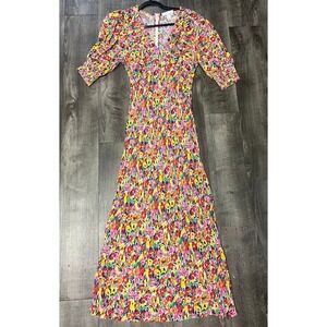 Rixo Dress Womens Sz 6 Floral Midi Dress Multicolor Puff Sleeve Smocked V-Neck
